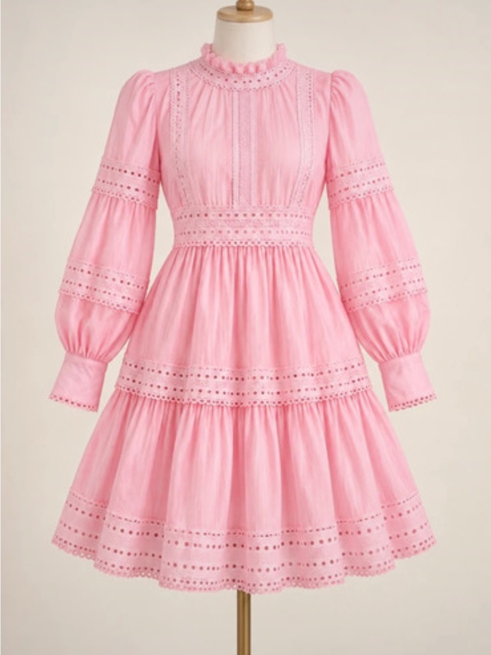 Girls' Ruffled High-Neck Pink Eyelet Tiered Dress